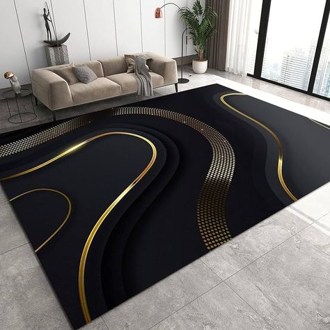 Amazon.com: TAZECE Abstract Black Gold Ribbon Living Room Rug, Stylish 3D Black Background Soft Breathable Bedroom Rug, with Anti-Slip Backing, Easy to Clean Rugs, for Office Restaurant Entrance 5x7ft : Home & Kitchen Beautiful Area Rugs, 70 Bougie Things On Amazon, Black And Gold Rugs, Black Gold White Living Room, Black And Gold Living Room Decor, Black And Gold Living Room Ideas, Black Glam Living Room, Aesthetic Apartment Living Room, Gold Black Living Room