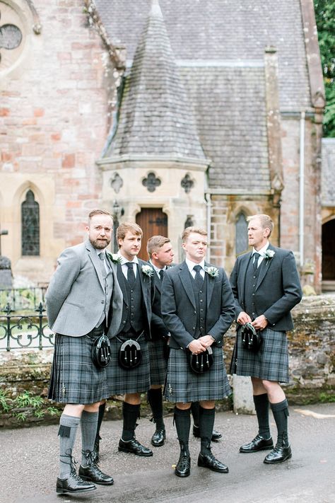 Scottish Wedding Kilts Men, Grey Kilt Wedding, Wedding Kilts For Men, Scottish Wedding Party, Kilt Wedding Outfit, Kilt Groomsmen, Groomsmen Kilts, Scottish Groomsmen, Wedding Kilts Grooms