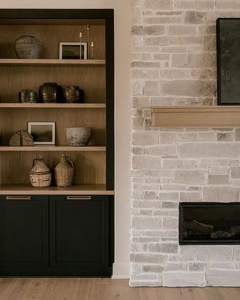 Black Birch Homes & Design on Instagram: “White oak was made to be paired with dark paint colors 🖤 . . 📸 @classicgrayhome” White Fireplace Dark Built Ins, Black And Oak Built Ins, Black And White Oak Built Ins, Black Bookshelves Around Fireplace, Black Built Ins Around Fireplace, White Oak Fireplace Built Ins, Black And White Oak Living Room, Black And Oak Interior, White Fireplace With Black Built Ins