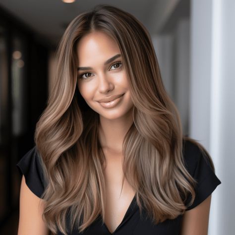 65 Stunning Brown Hair with Highlights Ideas for 2023 Balayage, Coffee Brown Hair With Highlights, Cocoa Brown Hair With Highlights, Mocha Beige Hair, Mocha Highlights, Hair Flicks, Hair Highlight Trends, Neutral Blonde Hair, Coffee Brown Hair