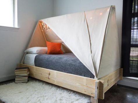 Inspire a spirit of adventure or just create a cozy hideaway for your kid with this adorable tent bed. Toddler Bed Tent, Diy Bed Tent, Kids Bed Tent, Toddler Tent, Tent Bed, Teepee Bed, Diy Tent, Kids Rooms Diy, Textil Design