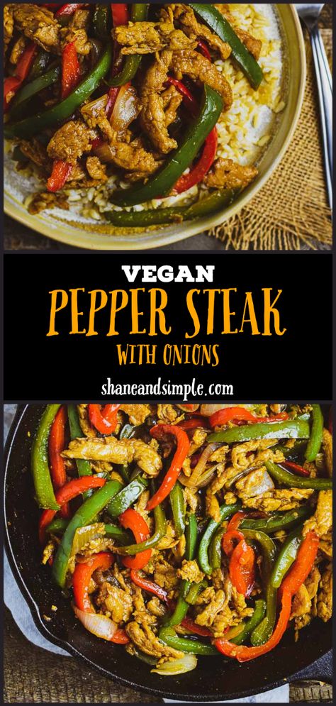 Vegan Pepper Steak With Onions. Tender strips of soy curls, sliced bell pepper, and savory onions cooked in a delicious Asian inspired brown sauce. Plant based, vegan, no oil, healthy, and easy. #WFPBrecipe #VeganRecipe #plantbased #healthymeals #withoutoil #easyrecipe #cleaneating Vegan Pepper Steak Recipe, Pepper Steak With Onions, Sliced Bell Pepper, Peper Steak, Pepper Steak And Onions, Steak With Onions, Soy Curls Recipes, Vegan Main Course, Pepper Steak Recipe