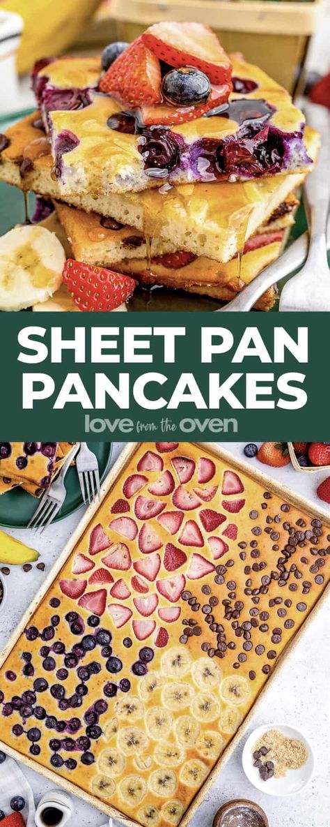 Sheet Pan Pancakes • Love From The Oven Pancake Oven Recipe, Buttermilk Sheet Pan Pancakes, Breakfast Big Group, Easy Breakfast For Big Group, Sheet Pan Buttermilk Pancakes, Oven Pancakes Easy, Sheet Pan Pancakes Easy, Pancake Sheet Pan Recipe, Sheet Cake Pancakes