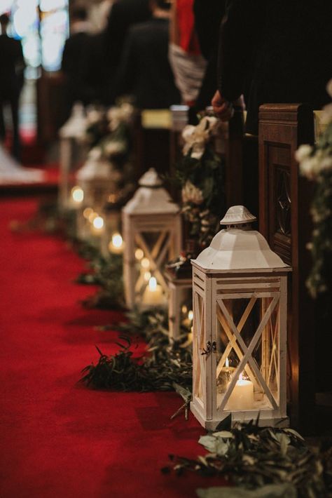 Aisle Decor With Foliage and Candles For Church Ceremony | By James Frost | Wedding Decoration | Candle Decoration | Aisle and Altar Decor Christmas Isle Decorations, Aisle Decor Candles, Candles Lining Wedding Aisle, Pew Candle Holders Wedding Aisles, Christmas Aisle Decorations, Lantern Aisle Decor Outdoor Ceremony, Church Alter Flower Decoration Wedding, Ceremony Aisle Candles, Christmas Wedding Pew Decorations