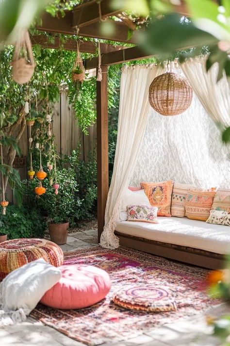 "Create a vibrant and relaxing retreat with a Bohemian Outdoor Patio! 🌿🪑 Perfect for adding eclectic style, cozy seating, and lush greenery to your outdoor space. 🌟✨ #BohoPatio #OutdoorDecor #BohemianStyle" Backyard Ideas Boho, Bohemian Courtyard Ideas, Eclectic Patio Ideas, Patio Yoga Space, Outdoor Chill Area, Backyard Yoga Space, Backyard Meditation Space, Meditation Patio, Yoga Space Ideas