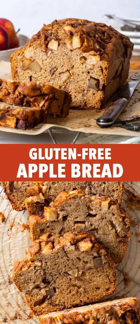 Gluten Free Apple Bread - This gluten free apple bread is the perfect cosy, no-fuss fall dessert. It’s wonderfully moist and tender, deliciously cinnamon-y and packed full of juicy apples. It’s super easy to make: you can whip it up in about 20-30 minutes and then let it do its thing in the oven. Gluten free cake recipes. Fall dessert ideas. Apple recipes. Apple desserts. Gluten Free Apple Cake Recipe Easy, Cinnamon Bread Gluten Free, Gluten Free Apple Blondies, Gluten Free Breakfast Bread Recipes, Granny Smith Apple Recipes Gluten Free, Gluten Free Apple Loaf, Gluten Free Apple Cinnamon Bread, Apple Gluten Free Recipes, Gluten Free Applesauce Bread