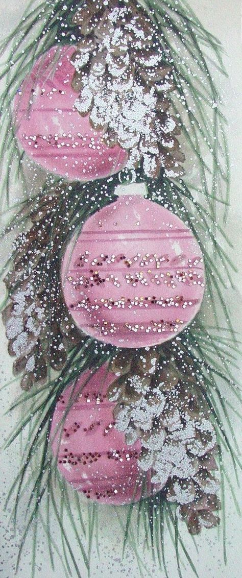 Vintage Christmas greeting Vintage Pink Christmas, Sparkly Christmas, Pink Xmas, Vintage Christmas Images, Xmas Card, Old Christmas, Christmas Memory, Christmas Scenes, Noel Christmas