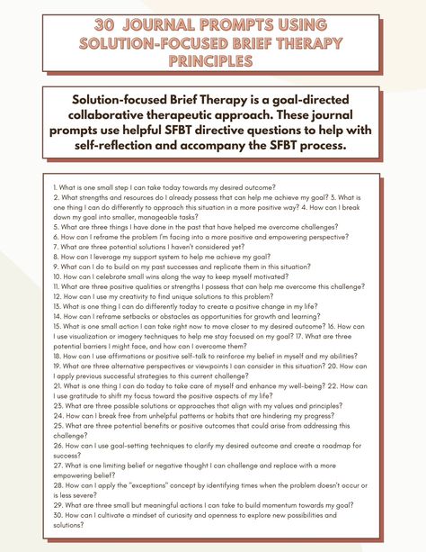 Solution-focused Brief Therapy is a goal-directed collaborative therapeutic approach. These journal prompts use helpful SFBT directive questions to help with self-reflection and accompany the SFBT process. Solution Focused Therapy Activities, Solution Focused Therapy Questions, Therapy Journaling Prompts, Therapy Journal Prompts, Therapist Notes, Therapy Prompts, Self Esteem Building Activities, Letter To My Sister, Family Therapy Activities