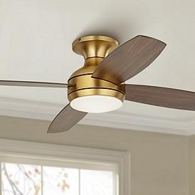 52" Casa Elite Soft Brass LED Hugger Ceiling Fan Hugger Ceiling Fans With Light, Bedroom Fans With Lights Modern, Cute Ceiling Fan, Gold Ceiling Fans, Bedroom With Ceiling Fan, Bed Fan, Gold Ceiling Fan, Brass Ceiling Fan, Ceiling Fan Installation