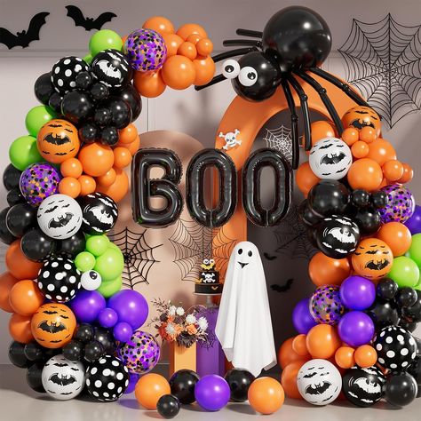 Fall party halloween party fallnails falloutfit halloweennails2023 decorations Halloween Balloon Arch, Halloween Balloon Garland, Halloween Balloons Decorations, Halloween Theme Birthday, Halloween Birthday Party Decorations, Green Arch, Halloween Balloon, Halloween Party Balloons, Purple Confetti