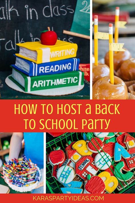 How to Host a Back to School Party via Kara's Party Ideas - KarasPartyIdeas.com Back To School Decorations Party, Back To School Bunco Theme, Back To School Bash Games, New Teacher Party Ideas, Back To School Food Party, Back To School Themed Party, Back To School Party Activities, Back To School Bash Activities, Back To School Party Ideas Decorations