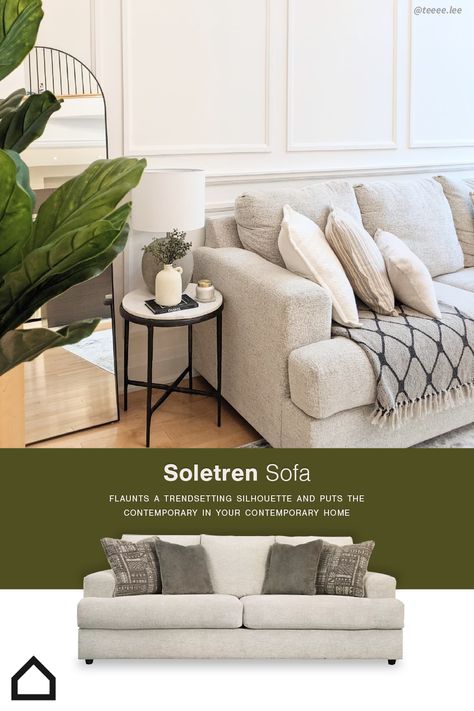 #Elevate any space with the Soletren #Sofa. Its “three over two” profile eliminates the center seat cushion, giving you elongated #plushness and deep seating you never knew you needed! Ashley Soletren Sofa, Soletren Sofa, Sofa Outlet, Ashley Sofa, Comfy Pillows, Living Room Redo, Table Decor Living Room, Ashley Furniture Homestore, Dining Living Room