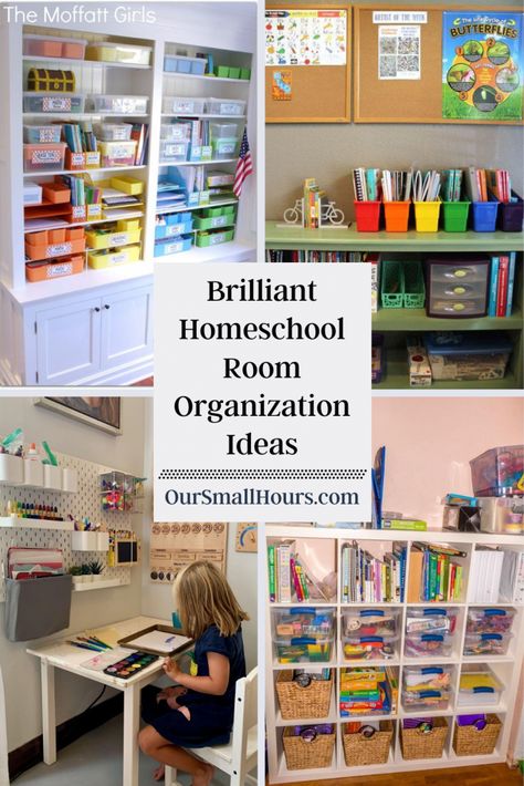 Homeschool Shelves Organization, Learning Room At Home, Homeschool Room Organization Storage, Setting Up A Homeschool Room, Organizing Homeschool Room, Home School Room Organization, Homeschool Organizing Ideas, Homeschool Book Shelf Organization, Homeschooling Desk Ideas