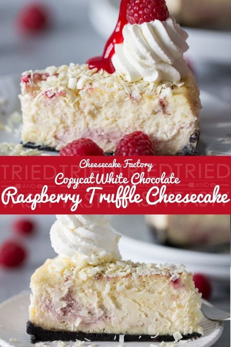 Copycat Cheesecake Factory White Chocolate Raspberry Truffle Cheesecake | One of the most popular Cheesecake Factory recipes is now right at your fingertips! This homemade version is made with a Oreo chocolate crust, creamy raspberry swirled cheesecake topped with white chocolate shavings and garnished with whipped cream, fresh raspberries & a raspberry drizzle! // Tried and Tasty #cheesecakefactory #whitechocolatecheesecake #raspberrytruffle Copycat Cheesecake Factory Lemon Meringue Cheesecake, Copycat Recipes Cheesecake Factory White Chocolate Raspberry, Cheesecake Factory White Chocolate Raspberry Cheesecake, Cheesecake Factory Raspberry Cheesecake, White Chocolate Raspberry Truffle Cheesecake, Raspberry Truffle Cheesecake, Cheesecake Factory Whipped Cream Recipe, Top Cheesecake Recipes, Easy White Chocolate Raspberry Cheesecake