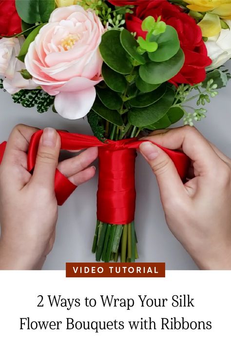 How To Make A Bridesmaid Bouquet Diy, Diy Homecoming Boquet, Floral Ribbon Bow, Stem Wrapped Bouquet, How To Tie Ribbon Around Flowers, Ribbon For Wedding Bouquets, How To Wrap Bridesmaid Bouquet, Homecoming Floral Bouquets, Ribbon Bouquet Wrap