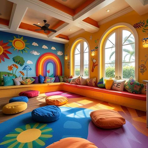 Kindergarden Rooms, Colorful Library Room, Kindergarden Decoration Room, Play School Decor Ideas, Playing Room Ideas, Playing Room Kids, Daycare Nap Room Ideas, Day Care Ideas Decoration, Play Houses For Kids