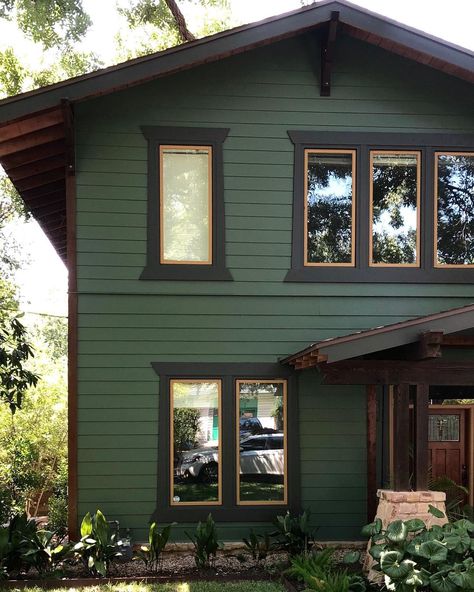 Black Forest Green House Exterior, Brown House With Green Trim, Dark Green Colonial House Exterior, Two Tone Green Exterior House Colors, Home Color Ideas Outdoor, Green Country House Exterior, Green Color House Ideas, Craftsman Green Exterior, Cedar Paint Color Exterior