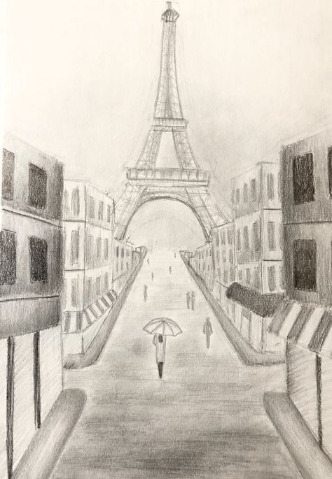 Pencil Art Drawings City, Street Drawing Sketches Easy, How To Draw Eiffel Tower, Drawing Ideas Paris, Winter Drawing Ideas Sketch Easy, City Drawing Pencil, Street Perspective Drawing, Street Drawing Simple, City Streets Drawing