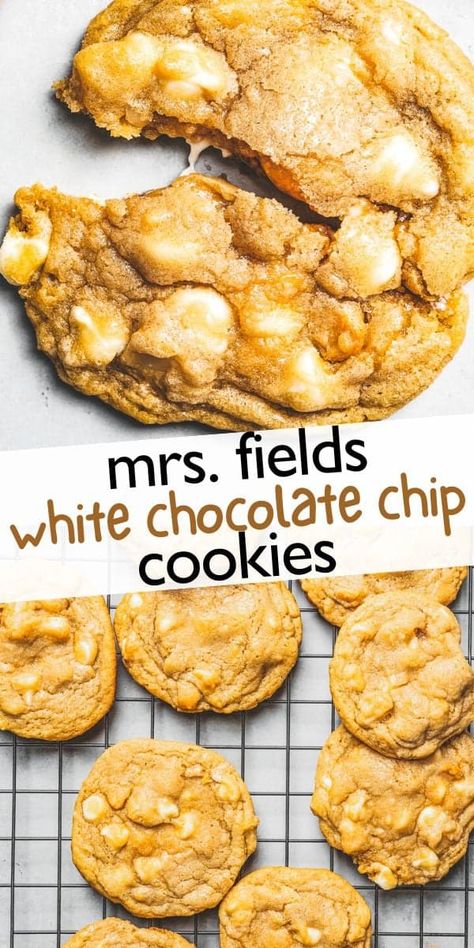 These Mrs. Fields copycat White Chocolate Chip Cookies are soft, chewy, and loaded with delicious white chocolate and macadamia nuts. Whether you're baking for a party or want to enjoy a quick snack, these cookies are sure to please. Best White Chocolate Chip Cookies, White Chip Cookies Recipes, Macadamia White Chocolate Chip Cookies, White Chocolate Macadamia Cookies Recipe, White Chip Macadamia Nut Cookies, White Chocolate Chip Macadamia Cookies, Cookies Using White Chocolate Chips, White Chocolate Chip Recipes, Mrs Fields White Chocolate Chip Cookies