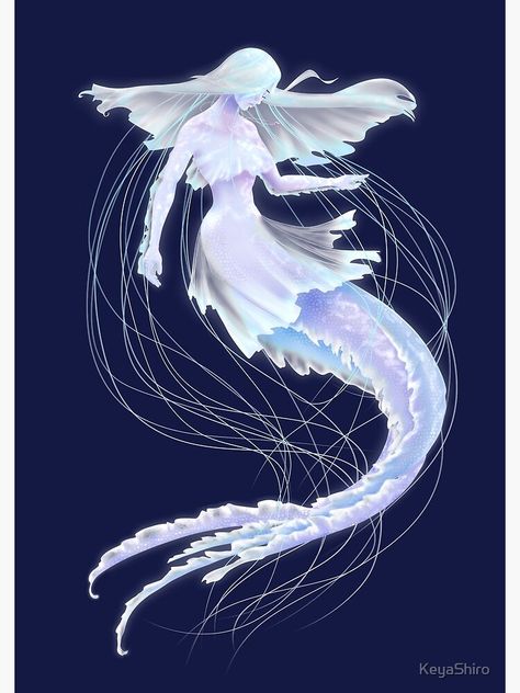 Mar Abaixo De Lynria, Aquamarine Havana White Hair Mermaid Art, Human Jellyfish Art, Jellyfish Mermaid Art, Jellyfish Dnd, Jellyfish Oc Art, Different Mermaid Species, Mythical Sea Creatures Art, Jellyfish Human Hybrid, Flying Fish Mermaid