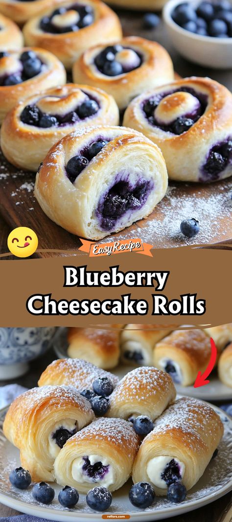 Unroll the joy with our Blueberry Cheesecake Rolls, where juicy blueberries and creamy cheesecake filling are wrapped in soft pastry. It’s a sweet, tangy treat that’s perfect for any occasion. #BlueberryCheesecake #PastryDelight #SweetRolls Blueberry Cheesecake Filling, 5 Ingredient Blueberry Cheesecake Rolls, Cheesecake Recipes Blueberry, Blueberry Pastry Recipes, Blueberry Puff Pastry Recipes, Blue Berries Recipes, Blueberry Cream Cheese Dessert, Blueberry Cheesecake Rolls, Blueberry Recipes Easy