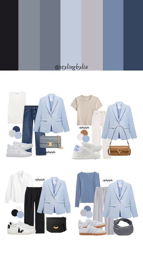 Light Summer Fashion Style, Blue Inspo Outfit, Summer Color Outfits Fashion Ideas, Blazer Color Combination Women, Blue Grey Outfits Women, Soft Summer Color Palette Outfits Casual, Colour Combinations Outfit Ideas, Light Blue Work Outfit, Jeans Combinations Women