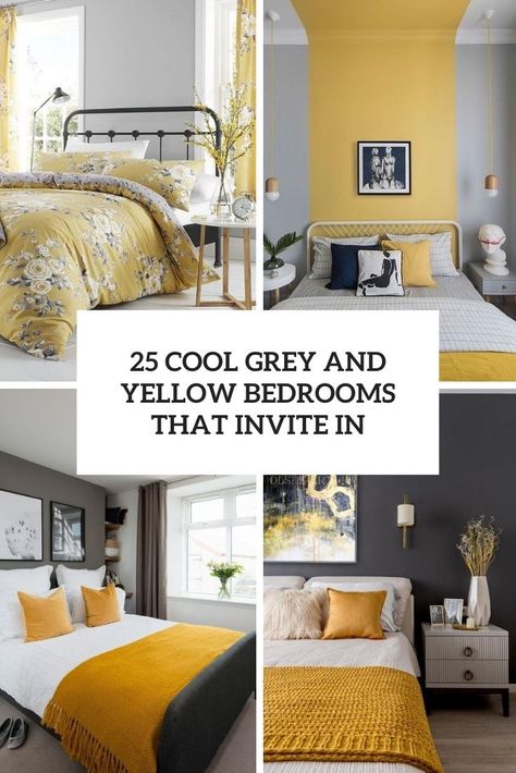 Dove Grey Bedroom, Yellow And Grey Bedroom, Mustard Bedroom, Yellow Gray Bedroom, Mustard Yellow Bedrooms, Yellow Bedroom Ideas, Grey And White Bedding, Yellow Accent Walls, Walls Design