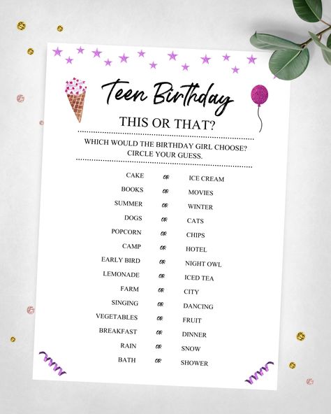 Teen Birthday This Or That? Girl Birthday Game. Instant Digital Download. Printable Game Keepsake. https://etsy.me/3bLxwD2 #birthday #birthdaygame #teenbirthdaygame #teenthisorthat #teenbirthdaygames #birthdaygames #thisorthatgame Games At Birthday Party, Bday Games For Teens, Fun Games For Birthday Parties, Games For Birthday, 15th Birthday Party Ideas Girl, Birthday Party Set Up Ideas, Birthday Games Ideas, Game For Birthday Party, Games For Birthday Party