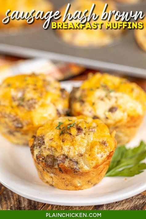 Sausage Hash Brown Breakfast Muffins - individual breakfast casserole bites baked in a muffin pan. These muffins have been on repeat at our house. Only 6 ingredients. Sausage, hash browns, cheese, eggs, milk, and Bisquick. Can freeze baked muffins for a quick meal later. Great for parties, baby showers, breakfast, brunch, lunch, and dinner. Use gluten-free Bisquick for gluten-free muffins! #sausage #breakfast #muffin #bisquick #glutenfree Breakfast Casserole Mini Muffins, Hash Brown Muffins, Fruit Salad With Cream, Frozen Hashbrown Recipes, Breakfast Casserole Muffins, Sausage Breakfast Muffins, Baked Muffins, Mini Recipes, Sausage Muffins