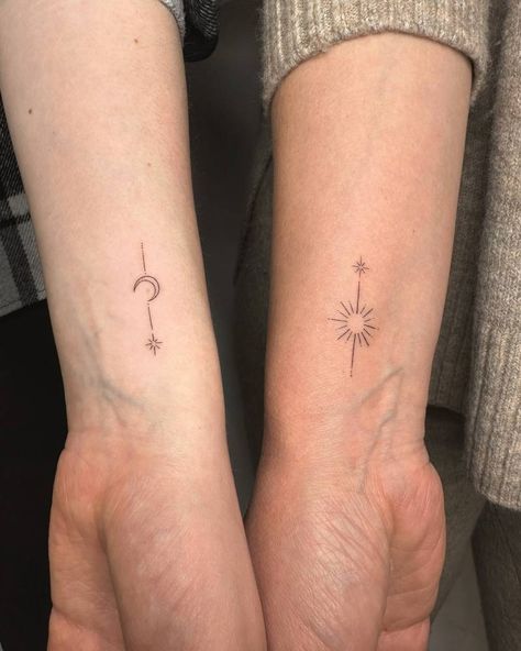 Matching sun and moon tattoos for best friends. Tattoo Ideas To Match With Mom, Cute Matching Tattoos Friends, Suns And Moon Tattoo, Line Art Matching Tattoos, Matching Linework Tattoo, Small Duo Tattoos, Best Friend Tattoos Wrist, Matching Moon Phase Tattoos, Sun And Moon Mother Daughter Tattoo