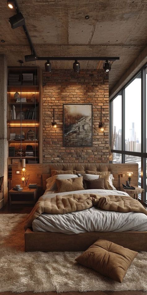 Industrial Minimalist Bedroom, Functional Organization, Brick Bedroom, Industrial Style Bedroom, Men's Bedroom, Brick Room, Industrial Bedroom, Minimalist Bedroom Design, Industrial Interior Design