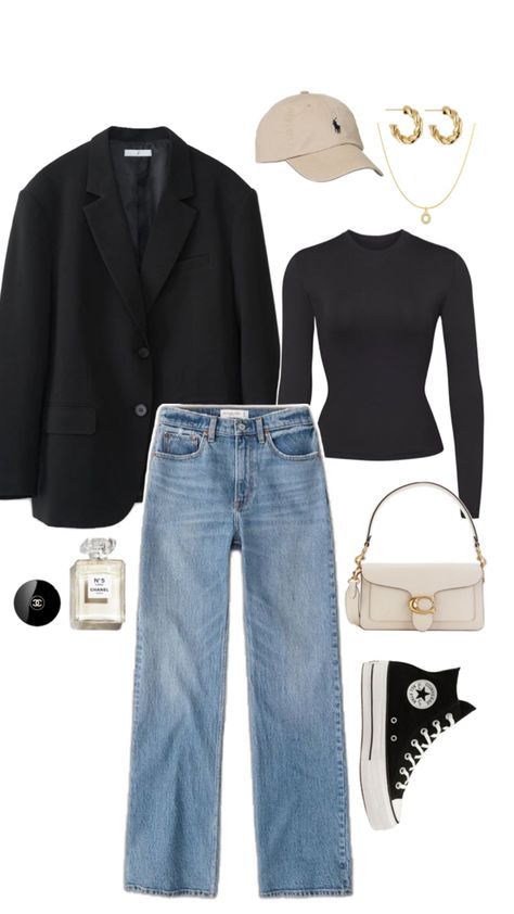 Black Jeans Outfit Spring, Long Blazer Outfit, Black Jacket Outfit, Straight Jeans Outfit, Office Jacket, Ralph Lauren Cap, Black Blazer Outfit, Spring Outfit Idea, Straight Leg Jeans Outfits