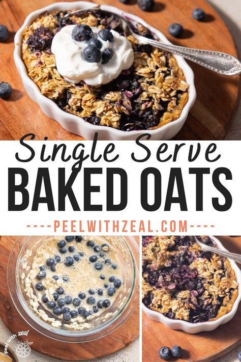 Single Serve Baked Oatmeal This baked oatmeal recipe for one is lightly sweet, soft, and chewy. Fresh blueberries, old-fashioned oats, and maple syrup come together for an easy and nutritious recipe. It's a delicious breakfast you'll love waking up to every morning! Baked Oatmeal For One Microwave, Blueberry Oats Bake, Clean Eating Oatmeal Recipes, Healthy Single Serve Breakfast, Healthy Baked Oatmeal For One, Baked Egg White Oatmeal, Single Baked Oatmeal, Baked Oatmeal For Two, Baked Oatmeal Individual