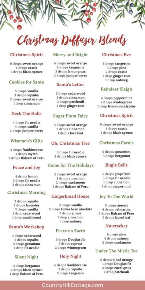 These DIY Christmas diffuser blends will get you in the holiday spirit! This post features 25 holiday essential oil recipes, including a Christmas spirit diffuser blend and many more festive holiday aromas. The instructions also come with printable Christmas essential oils and tips for setting up a Christmas diffuser. These Santa-approved holiday essential oil blends can also be used to scent homemade Christmas soap, DIY candles, and other air fresheners. | CountryHillCottage.com Essential Oil Christmas Blend Diffuser Recipes, Christmas Candle Essential Oil Blends, Essential Oil Recipes For Wax Melts, Candle Making Scent Recipes Christmas, Christmas Candle Recipes, Christmas Candle Scent Recipes, Christmas Candle Scents Recipes, Christmas Scented Candles Diy, Christmas Soap Scents