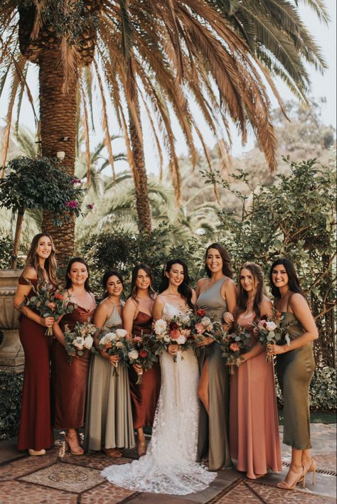 Warm Earth Tones Bridesmaid Dresses, Rust Mismatched Bridesmaids, Wedding Sage And Terracotta, Rust Terracotta Sage Green Wedding, Sage Color Bridesmaid Dresses, Earthy Color Bridesmaid Dresses, Olive Green And Terracotta Bridesmaid, Terra Cotta Bridesmaids Dress, Desert Wedding Bridesmaids