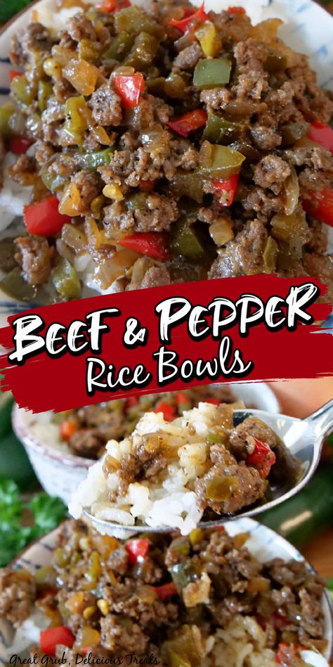 Collage of closeup overhead shot of beef and peppers at top and closeup shot of spoonful of beef and pepper rice over more beef and peppers at bottom. Pepper Rice, Seasoned Ground Beef, Rice Bowls Recipes, Beef Casserole Recipes, Dinner With Ground Beef, Think Food, Beef Recipes Easy, Green Bell Peppers, Beef Recipes For Dinner