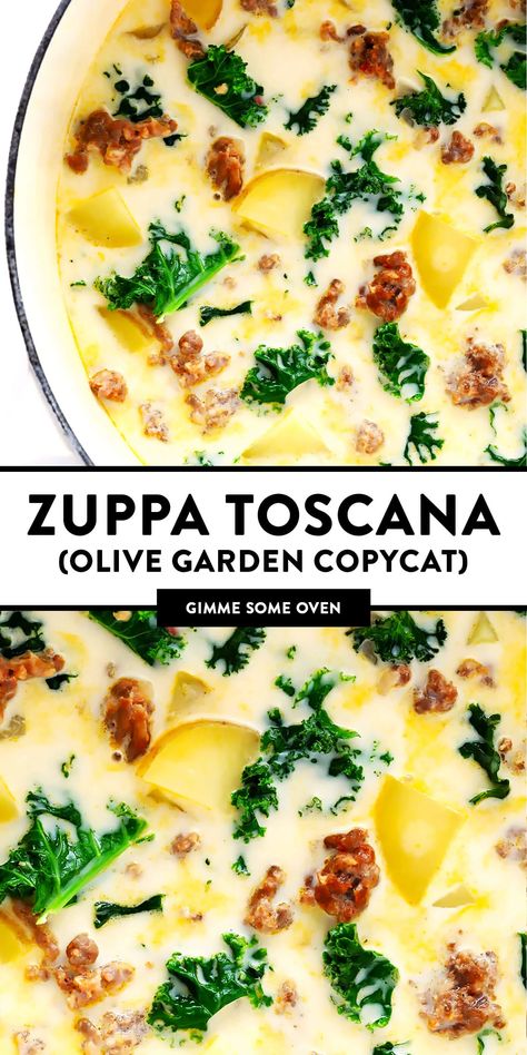 The BEST Zuppa Toscana soup recipe, inspired by the Olive Garden! This creamy soup is full of Italian sausage, potatoes and kale, it's easy to make, naturally gluten-free, and SO delicious! | gimmesomeoven.com #soup #italian #sausage #potato #kale #dinner #glutenfree Zupa Toscana, Sausage Soup Recipes, Toscana Soup, Salad Pasta, Sausage Soup, Olive Garden, Easy Soups, Easy Soup Recipes, Minestrone