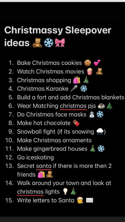 Christmas Sleepover Ideas, Teen Christmas Party, Fun Sleepover Activities, Teen Sleepover Ideas, Christmas Sleepover, Christmas Party Ideas For Teens, Bff Christmas, Teen Sleepover, Christmas Checklist