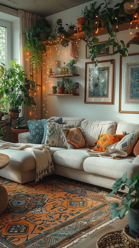 Living Room Inspiration Boho Chic, Earth Living Room Decor, Living Room Designs Maximalist, Maximalist Boho Living Room, Vintage Eclectic Home Decor Ideas, Boho Rustic Living Room Ideas, Quirky Home Decor Living Room, Sala Estilo Boho, Fairy Living Room