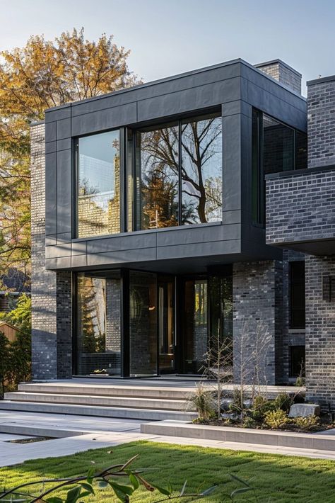 Grey Brick Facade Contemporary Brick House Exterior, Grey And Brick House Exterior, Modern Industrial House Exterior, Grey House Ideas, Modern Warehouse Design Exterior, Shiplap Exterior, Grey Brick House Exterior, Modern Warehouse Design, Modern Brick House Exterior