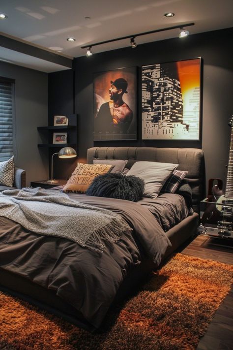 Gamer Boy Bedroom, Modern Men’s Bedroom, Small Gamer Bedroom, Boys Gaming Bedroom Ideas, Boys Gaming Bedroom, Plan Aesthetic, Gamer Bedroom Ideas, Bachelor Room, Gaming Bedroom Ideas