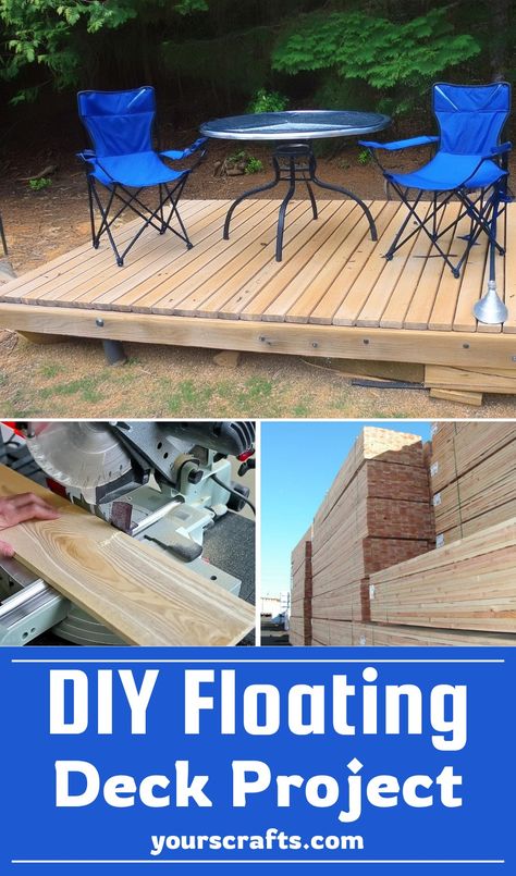 Cheap DIY Floating Deck Project For About 100 $ Temporary Deck For Renters, Tiny Deck Ideas, Easy Diy Deck, Dyi Deck, Floating Deck Ideas, Floating Deck Plans, Ground Deck, Diy Floating Deck, Ground Level Deck