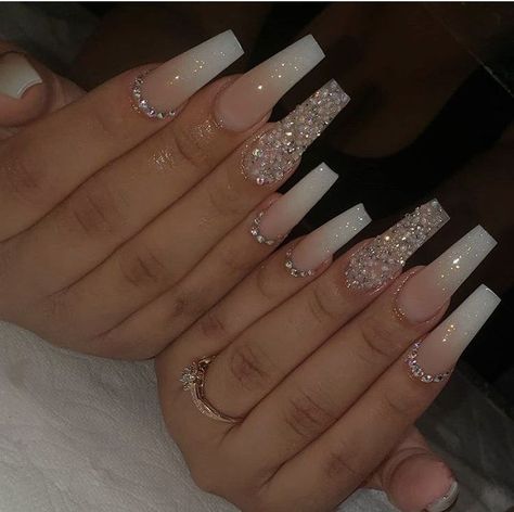 Ombre Nails Long Coffin, Acrylic Nail Designs Coffin Long, Long Coffin Shaped Acrylic Nails, Pink Ombré Coffin Nails, Long Acrylic Nail Designs White, Pretty Birthday Nails Long, Birthday Acrylic Nails Long Bling, Pink And White Nail Designs Acrylics, Cute Birthday Nail Designs