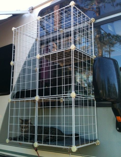 OK, this should be all kinds of illegal for external use - I hope no one is stupid enough to make this for outside of their vehicle - BUT FOR INSIDE the RV it would be great for while we were driving.  The cats might actually even like it.  DIY cat enclosure for RV made from storage cubes and zap straps Cat Palace, Rv Cat, Rv Pet, Diy Cat Enclosure, Katt Diy, Living With Cats, Storage Cubes, Camper Living, Cat Enclosure