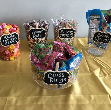 Graduation Candy Table Graduation Candy Table, Graduation Centerpieces, Graduation Party Desserts, High School Graduation Party Decorations, Kindergarten Graduation Party, Backyard Graduation Party, Senior Graduation Party, Graduation Party Foods, Graduation Party High