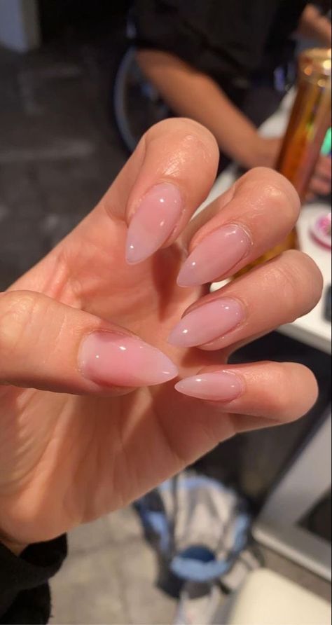 Blush Nails Almond Shape, Natural Color Almond Nails, Simple Pink Almond Nails, Nude Nails Almond Shape, Pink Powder Acrylic Nails, Nails Ideas Natural, Natural Acrylic Nails Short, Almond Jelly Nails, Natural Nail Acrylic