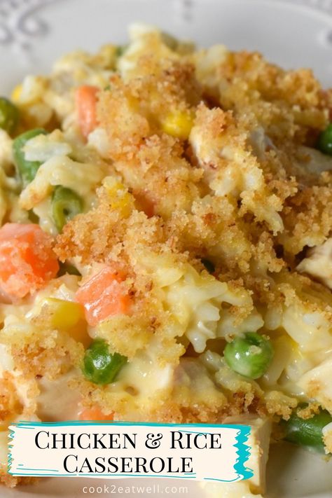 A close up image of the chicken and rice casserole served on an off white plate. There is small, aqua and white banner on the bottom left with the title in black letters.