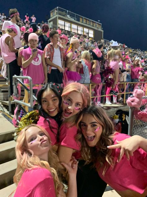 Senior Year Spirit Week, Pink Out School Outfits, Pink Out Fb Game, Back To School Fall Aesthetic, High School Game Themes, High School Popular Aesthetic, Pink Out Spirit Day, High School Dance Aesthetic, School Dance Team Aesthetic