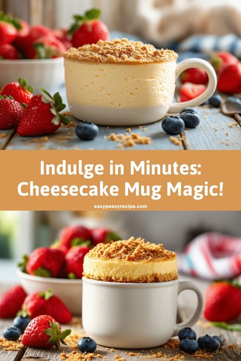 Delicious cheesecake mug cake topped with crumble, surrounded by fresh strawberries and blueberries. Cheesecake In A Mug Microwave, Mug Cakes Microwave Easy, Mug Desserts Microwave, Cheesecake Mug Cake, Small Cheesecake Recipe, Microwave Cheesecake, Mug Cheesecake, Microwave Cakes, Mug Desserts