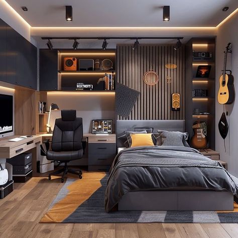 Son Room Design Modern, Acoustic Wall Panels Bedroom, Boys Bedroom Desk Ideas, Bedroom Study Table Ideas, Gamer Boy Bedroom Ideas, Boy Teen Bedroom Ideas, Cool Teen Boy Room, Older Boys Room, Gamer Room Ideas Boy Bedrooms